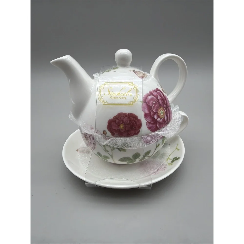 Stechcol Gracie Tea for One Teapot Cup Saucer Pink Floral Butterfly New